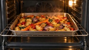 A tray of golden roasted vegetables on an oven rack inside a lit wall oven