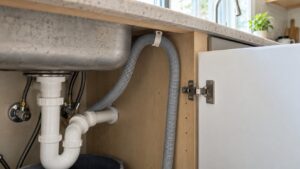 A corrugated drain hose looped high against the underside of a kitchen countertop beside a sink cabinet