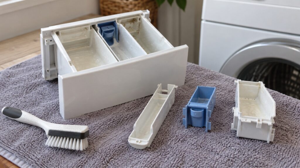A removed washer detergent drawer with its compartments and inserts lying on a towel next to a small brush