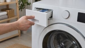 A hand pulling a detergent drawer out of the top left of a front-loading washer