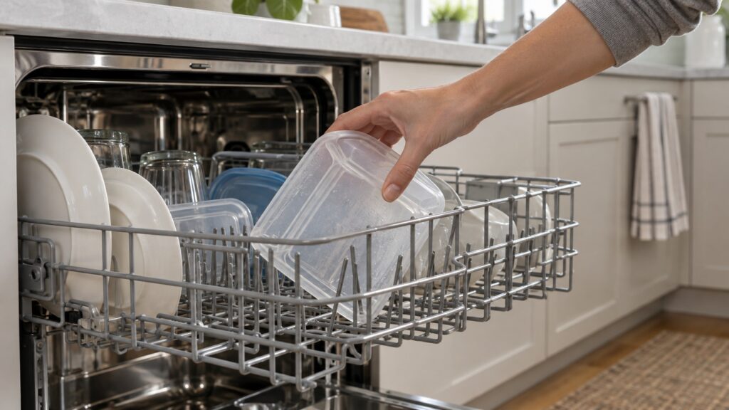 A hand tilting a plastic container upside down on the top rack of a dishwasher so water cannot pool
