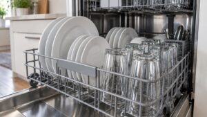 A dishwasher rack of clean dry glasses and plates just after the door has been opened