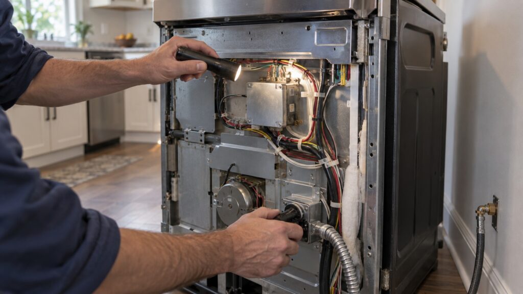 A technician's hands holding a flashlight to inspect the back of a range with the rear panel removed
