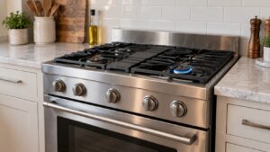 A stainless steel freestanding range in a kitchen with one burner lit blue