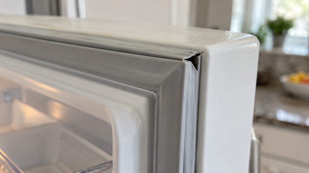 A close view of a refrigerator door gasket with a small gap at the corner where the seal does not meet the cabinet