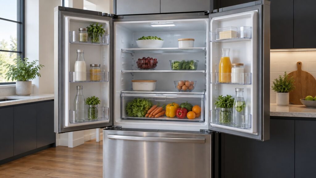 The open French doors of a stainless refrigerator showing adjustable door shelving and a full-width drawer