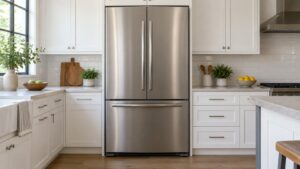 A stainless steel French door refrigerator standing flush with white kitchen cabinets in a bright kitchen