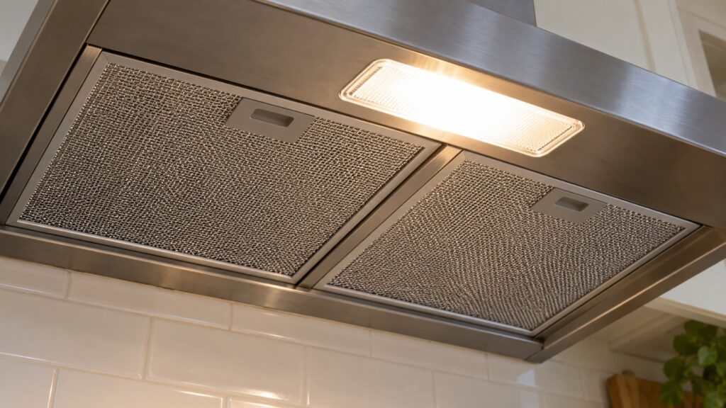 A close view of the underside of a range hood showing its removable metal mesh grease filters and a bright light