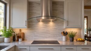 A stainless steel chimney range hood with a glass canopy above a clean cooktop in a modern kitchen
