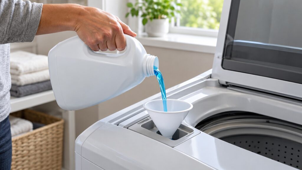 A hand pouring liquid detergent through a small funnel into a washing machine reservoir opening