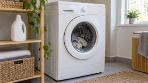 A white front-loading compact washer in a tidy laundry room with a bottle of liquid detergent on a shelf beside it