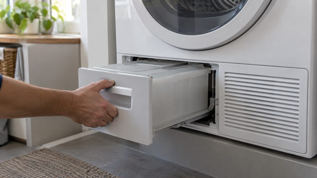 A hand sliding a removable water tank out of the lower front of a compact dryer