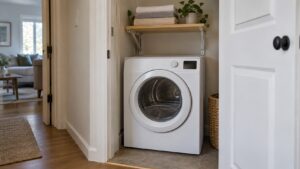 A white compact front-loading dryer installed in a small laundry closet with a folding shelf above it