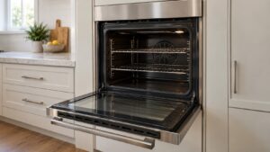 A stainless steel built-in wall oven with its door open showing a clean dark matte interior and two racks