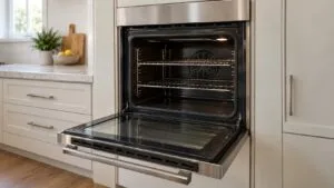 A stainless steel built-in wall oven with its door open showing a clean dark matte interior and two racks