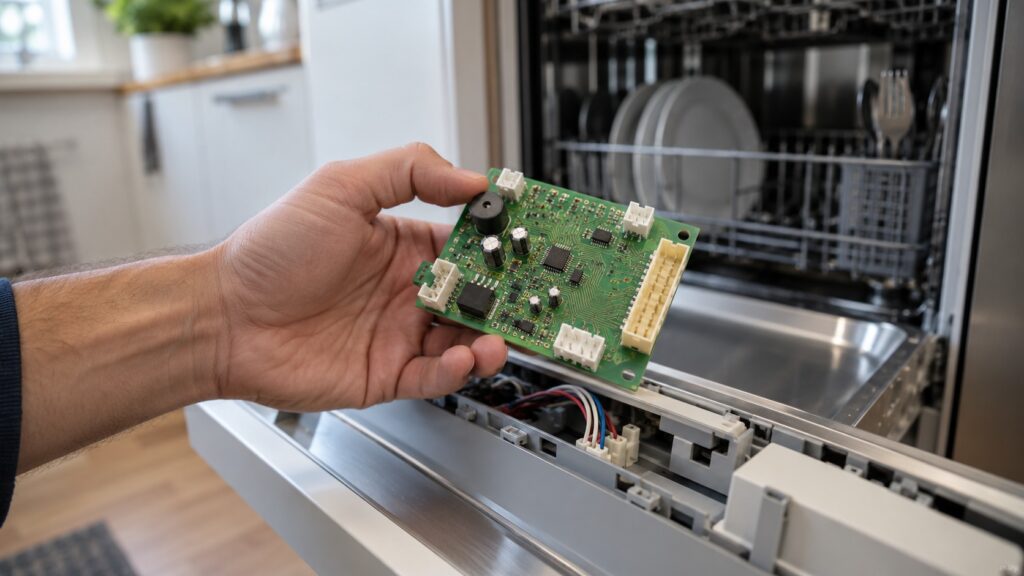 A close view of a small green electronic circuit board with connectors held in a hand above a dishwasher door panel