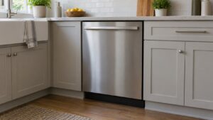 A stainless steel built-in dishwasher with its front control panel dark and the door closed in a kitchen