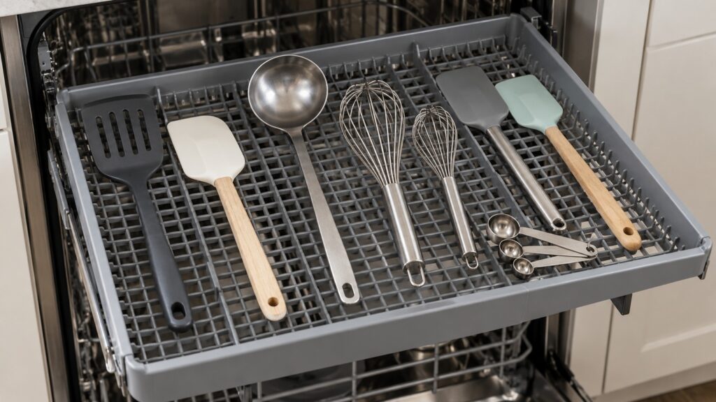 A shallow dishwasher tray holding spatulas, a ladle, whisks and measuring spoons laid flat in a single layer