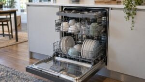 The open door of a built-in dishwasher showing a shallow top tray of utensils above two racks of dishes