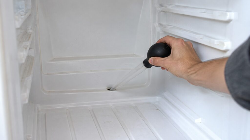 A hand holding a turkey baster at the small drain hole on the back wall inside an empty refrigerator compartment