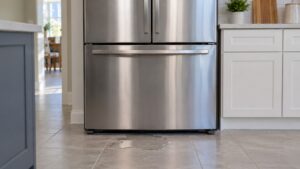 A small puddle of water on a kitchen floor in front of a closed stainless steel refrigerator