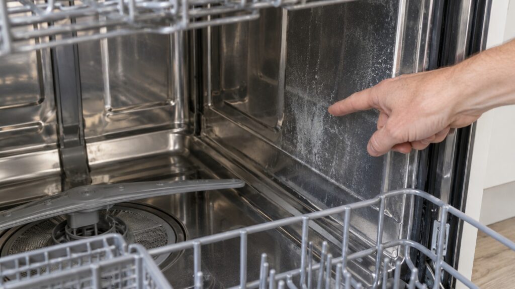 A hand pointing to a light white mineral film on the wall of a dishwasher tub