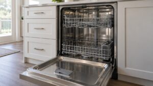 An empty dishwasher with its door open and a clean stainless steel interior