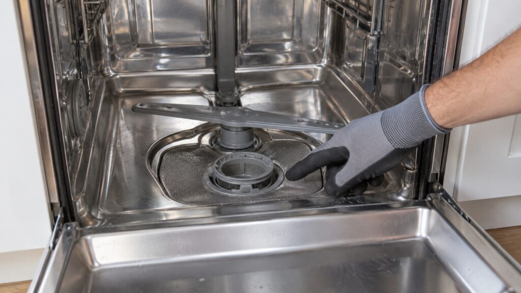 A gloved hand pointing at the filter area on the floor of an empty dishwasher tub