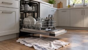 A dishwasher with its lower rack pulled out and a towel on the floor in front of it