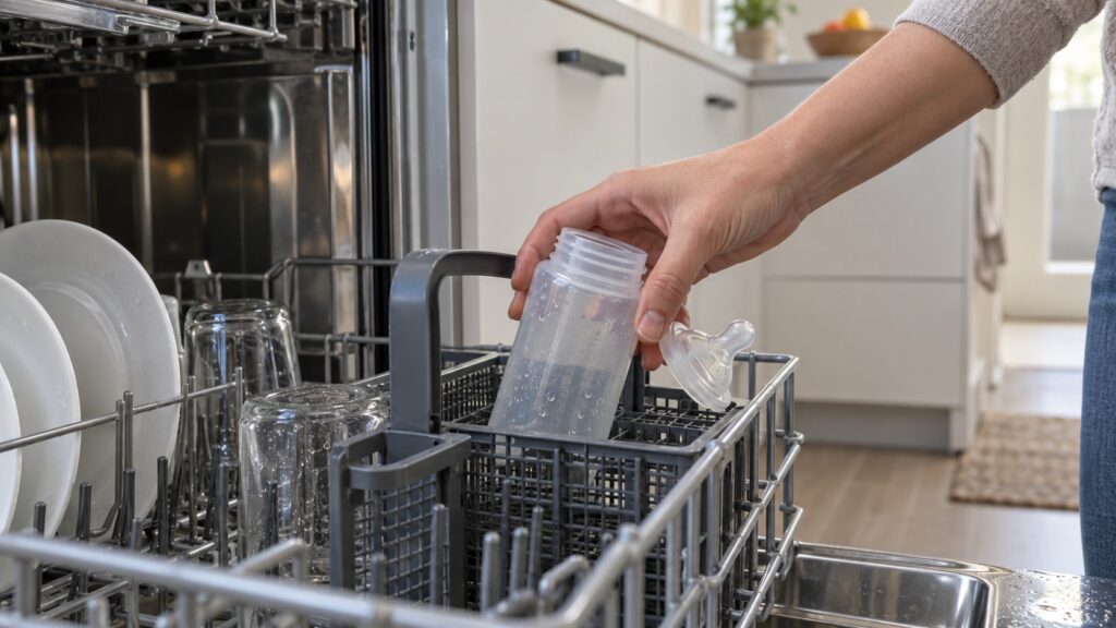 A hand taking a baby bottle and a nipple out of a dishwasher basket