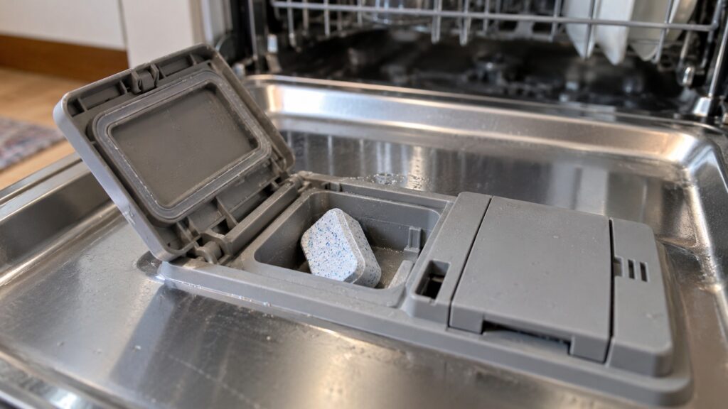 A close-up of a dishwasher detergent compartment with a tablet wedged inside