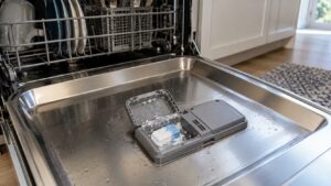 An open dishwasher door with a clumped detergent tablet stuck in the dispenser lid